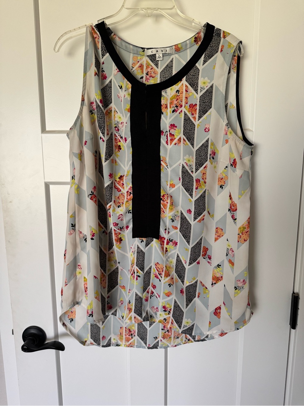 CAbi Floral Chevron Sleeveless Top in White, Black, Pink and Yellow
